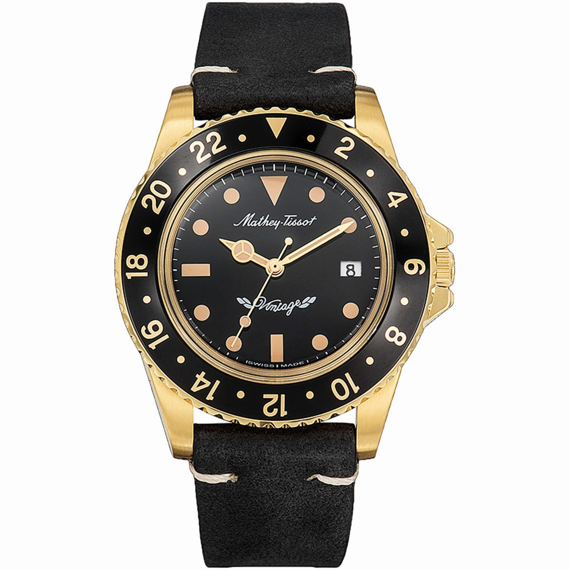 Mathey Tissot Men's Watch - Vintage Quartz Yellow Gold Case Black Dial Strap | H900PLN