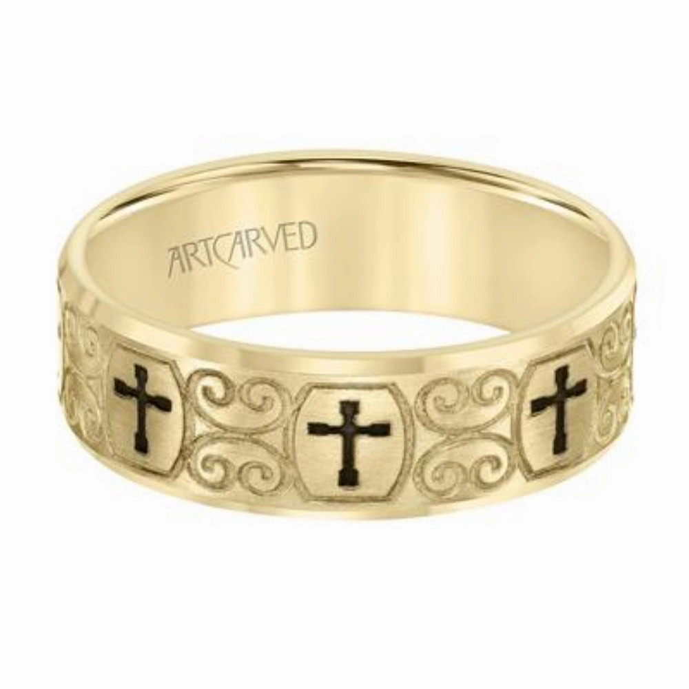 Men's 14k 7mm Engraved Cross & Scroll Wedding Band