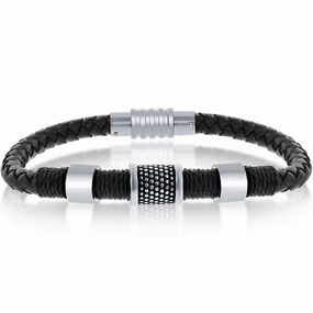 Men's Bracelet - Stainless Steel Oxidized Rope Design Leather | ST-1622