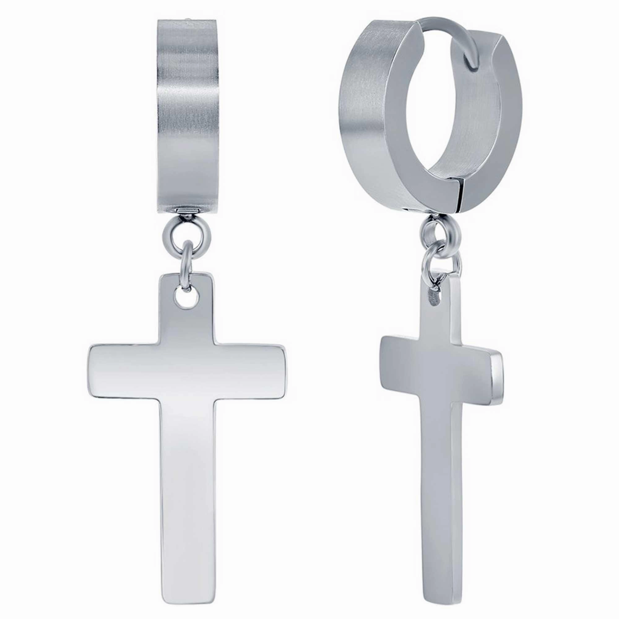 Men's Earrings - Stainless Steel Cross Charm Polished Huggie Hoop | SA-6084