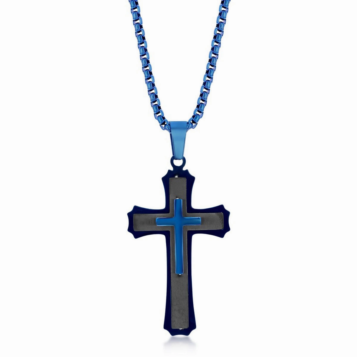 Men's Necklace - Stainless Steel Black and Blue 3D Cross | SL-7089