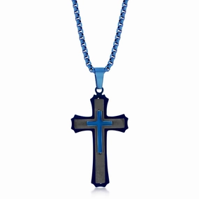 Men's Necklace - Stainless Steel Black and Blue 3D Cross | SL-7089