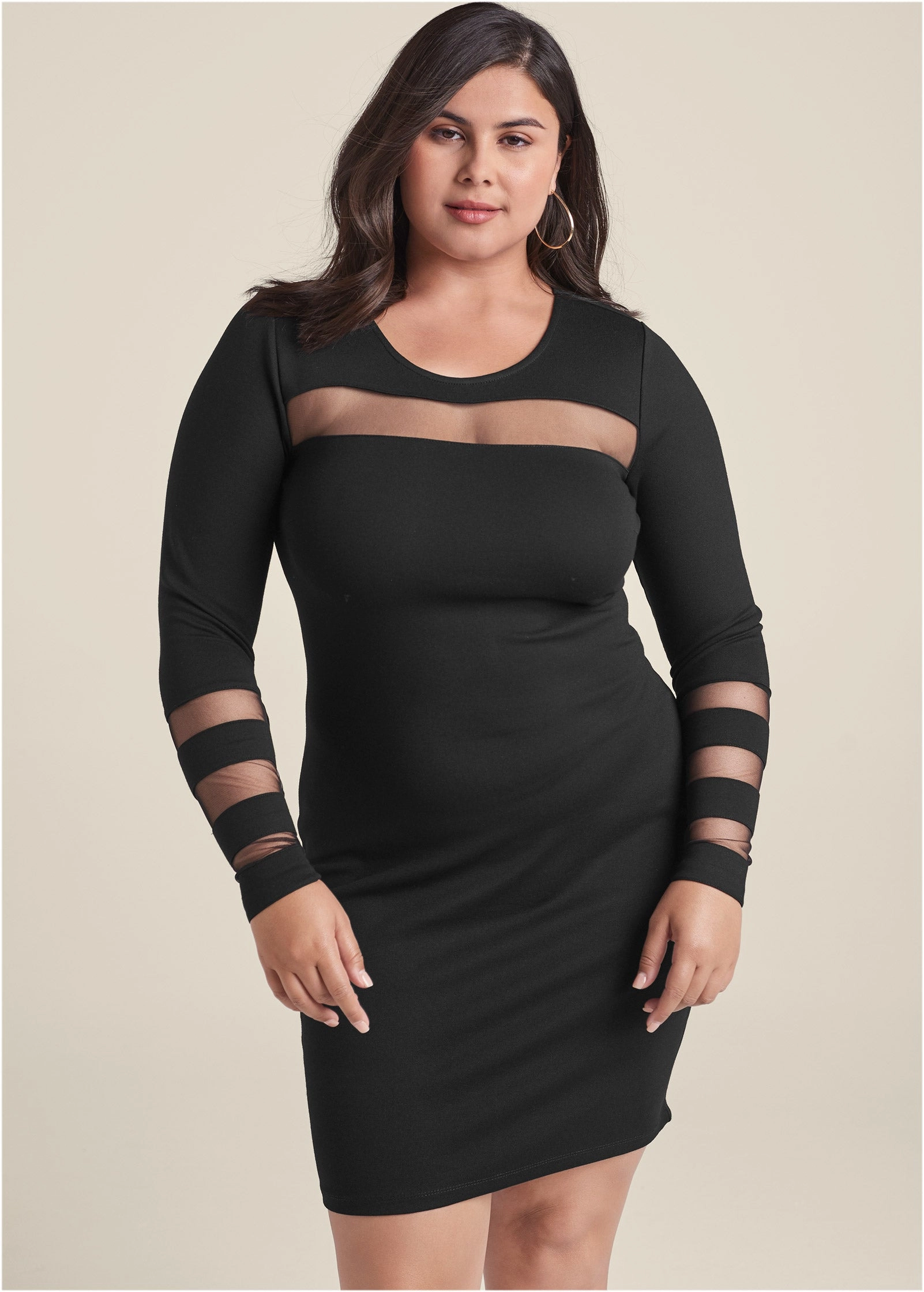 Mesh Detail Bodycon Dress - Black