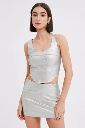 Metallic Mini Skirt Mid Rise PU Faux Leather Silver