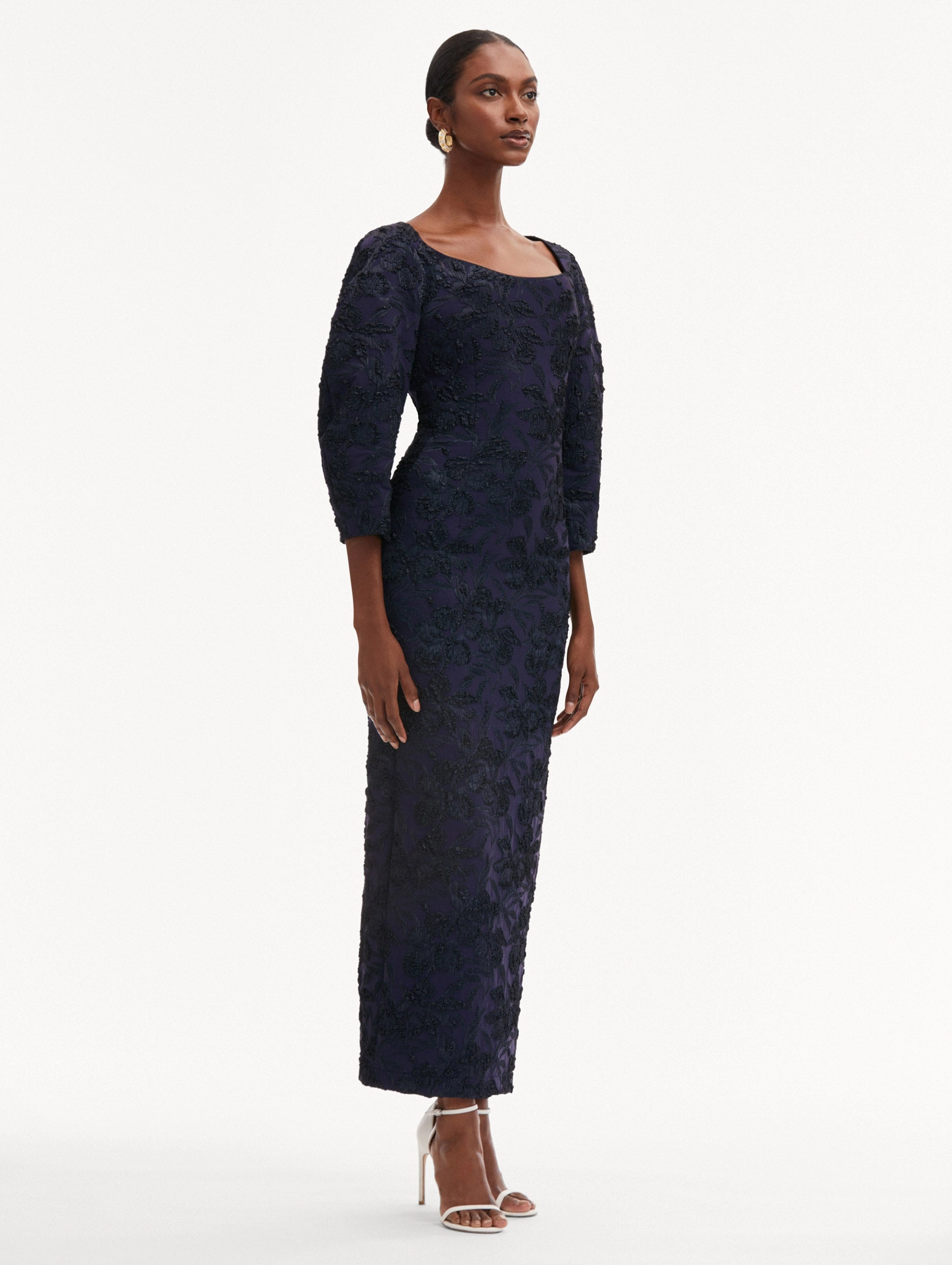 Metallic Orchid Jacquard Column Gown