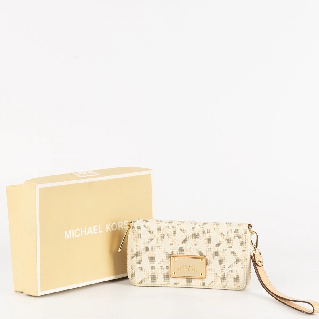Michael Kors Beige Signature Coated Canvas Wristlet