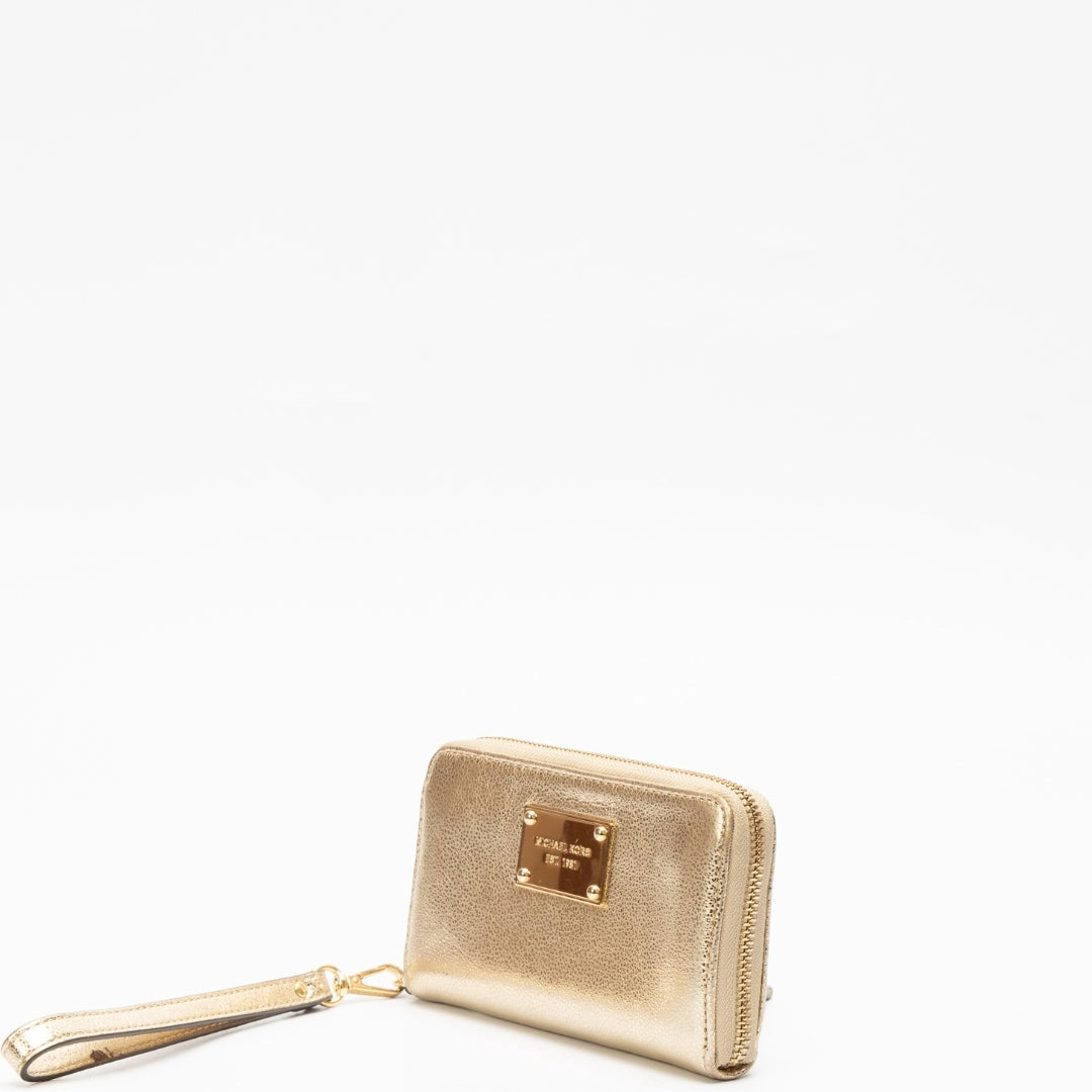 Michael Kors Gold Leather Jet Set Zip Around Wristlet