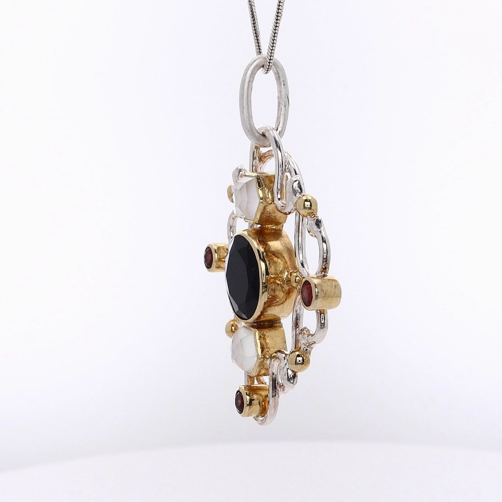 Michou Two-Tone Vermeil Onyx Mother of Pearl and Garnet Pendant Necklace