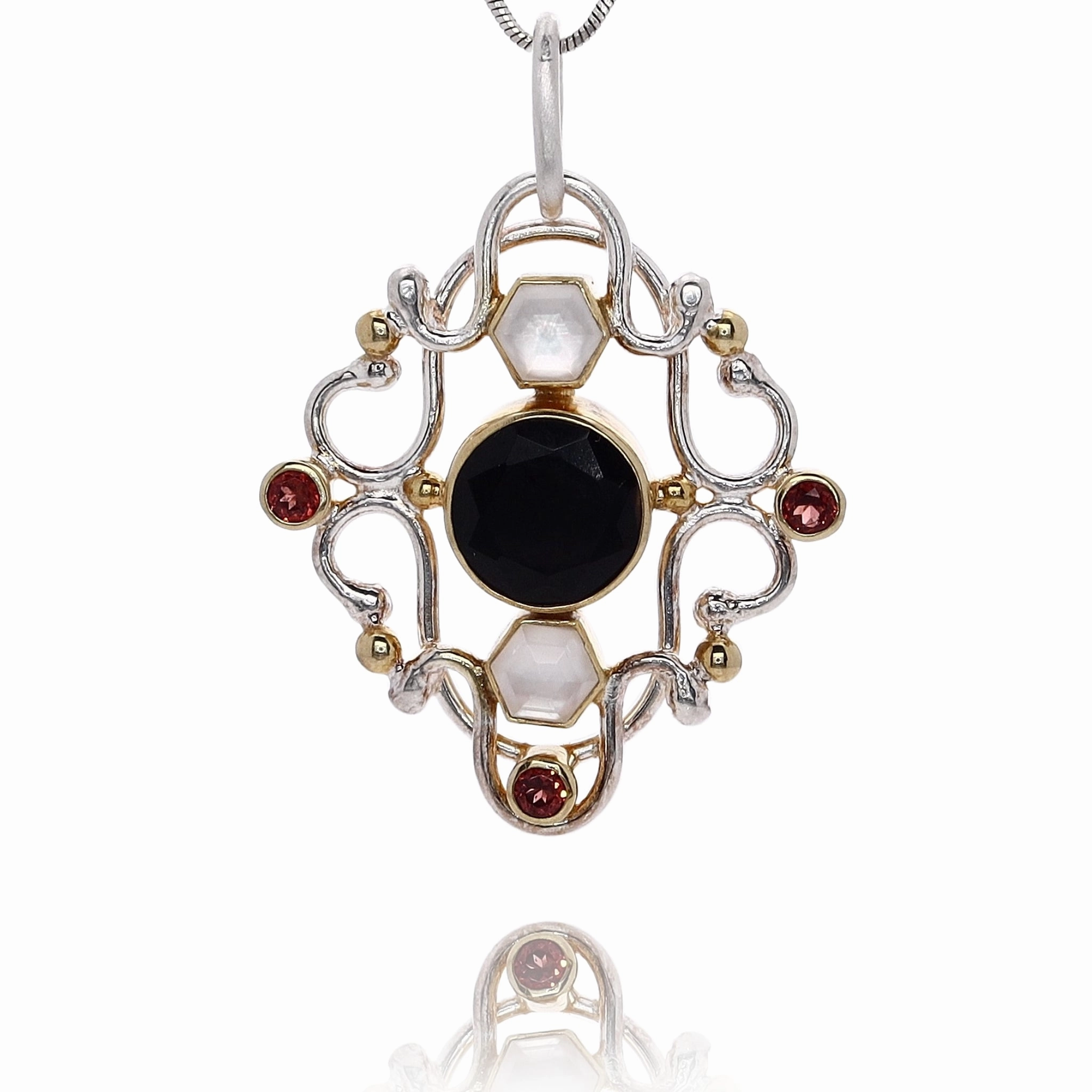 Michou Two-Tone Vermeil Onyx Mother of Pearl and Garnet Pendant Necklace