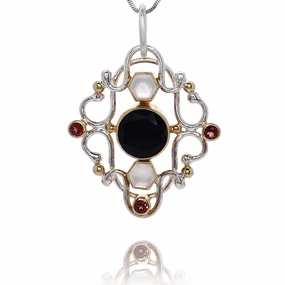 Michou Two-Tone Vermeil Onyx Mother of Pearl and Garnet Pendant Necklace