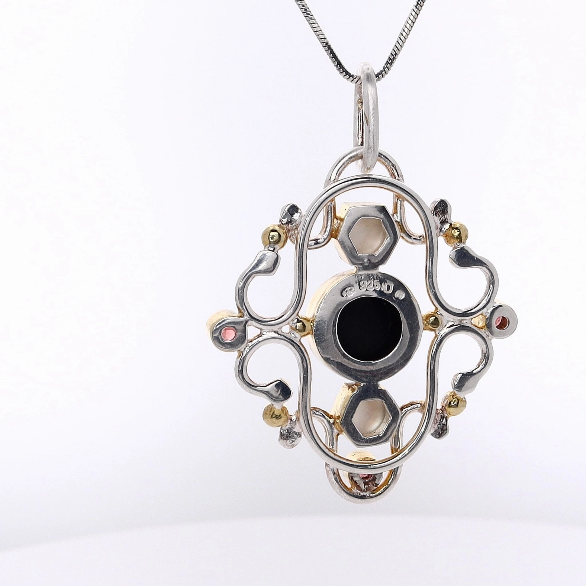 Michou Two-Tone Vermeil Onyx Mother of Pearl and Garnet Pendant Necklace