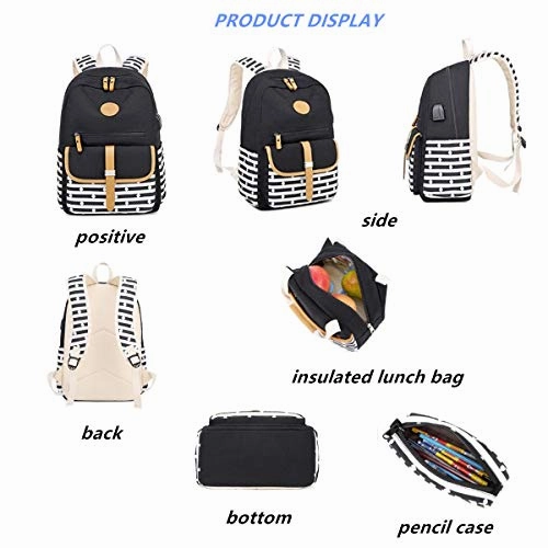 MITOWERMI Canvas Backpack Set Girls Bookbags Set 3 in 1 College Laptop Backpack Striped Prints with Lunch bag(Black)