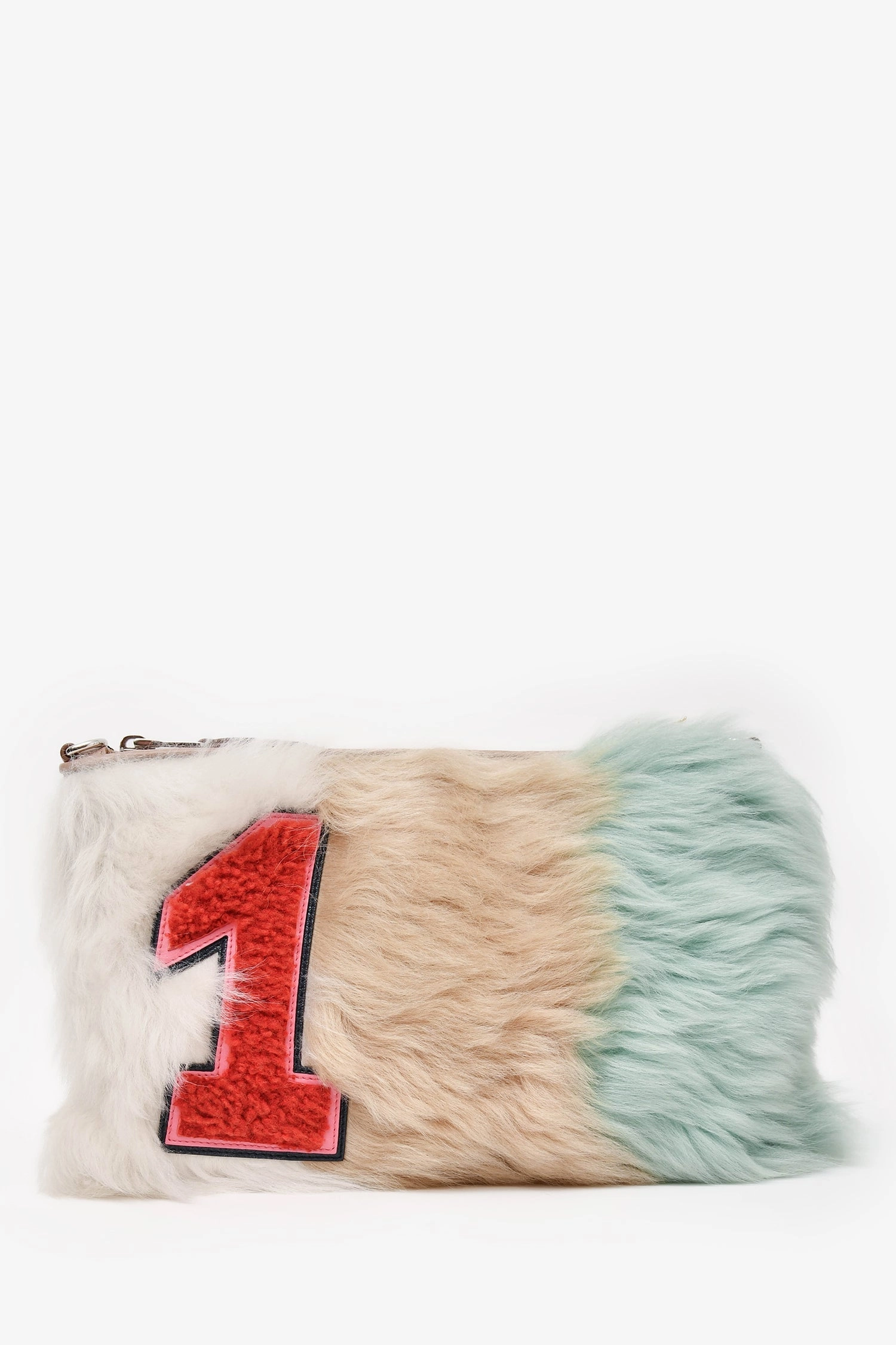 Miu Miu White/Beige/Green Sheep Fur "1" Patch Clutch