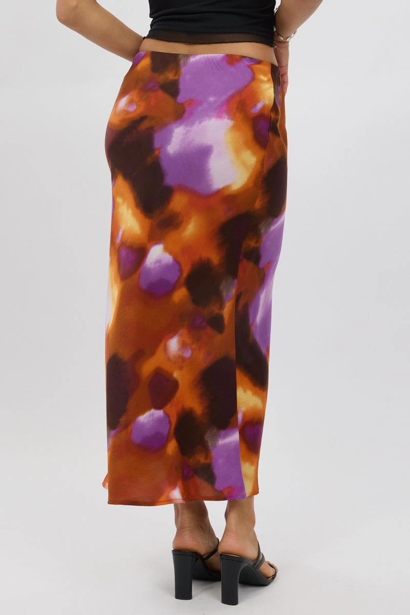 Multi Abstract Slip Skirt High Rise Elastic Waist Maxi