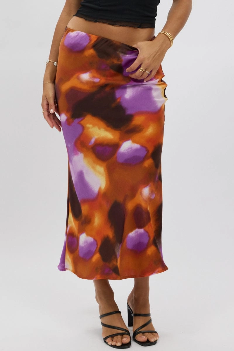 Multi Abstract Slip Skirt High Rise Elastic Waist Maxi