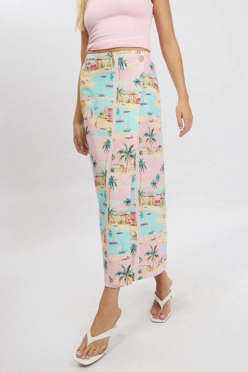 Multi Abstract Wrap Skirt High Waisted Midaxi