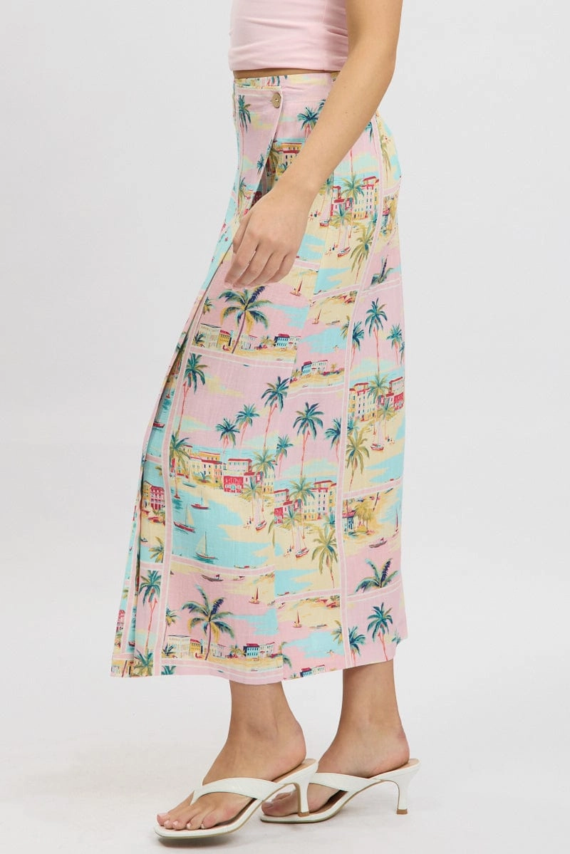 Multi Abstract Wrap Skirt High Waisted Midaxi