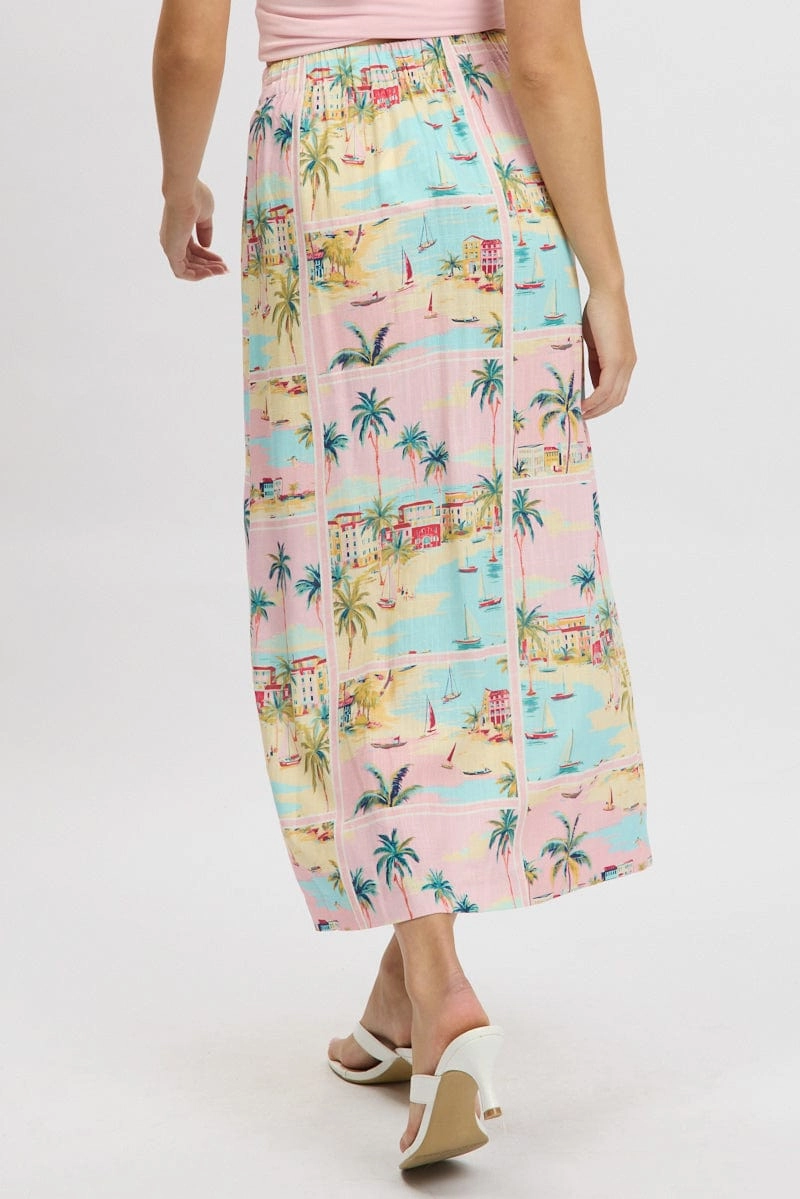 Multi Abstract Wrap Skirt High Waisted Midaxi