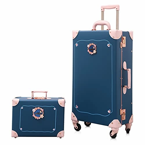 NZBZ Luxury Vintage Trunk Luggage Sets 2 Piece Cute Trolley Retro Suitcase for Women with 12 inch Cosmetic Train Case (Blue Fairy Tale, 24" 12")