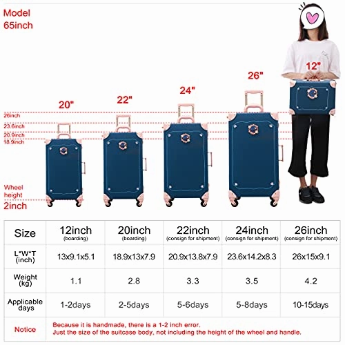 NZBZ Luxury Vintage Trunk Luggage Sets 2 Piece Cute Trolley Retro Suitcase for Women with 12 inch Cosmetic Train Case (Blue Fairy Tale, 24" 12")