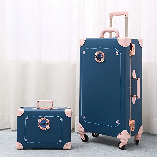 NZBZ Luxury Vintage Trunk Luggage Sets 2 Piece Cute Trolley Retro Suitcase for Women with 12 inch Cosmetic Train Case (Blue Fairy Tale, 24" 12")