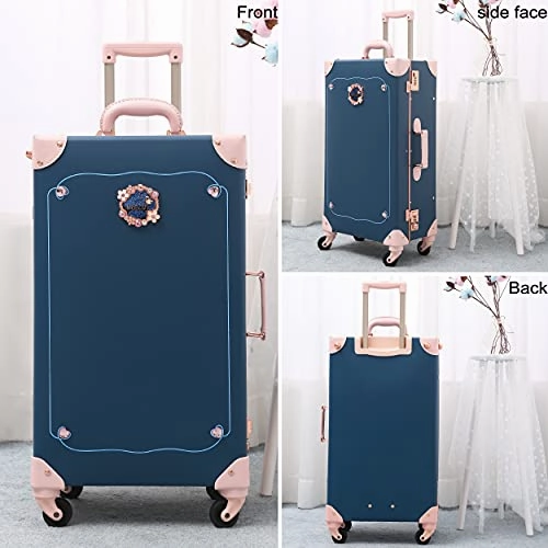 NZBZ Luxury Vintage Trunk Luggage Sets 2 Piece Cute Trolley Retro Suitcase for Women with 12 inch Cosmetic Train Case (Blue Fairy Tale, 24" 12")