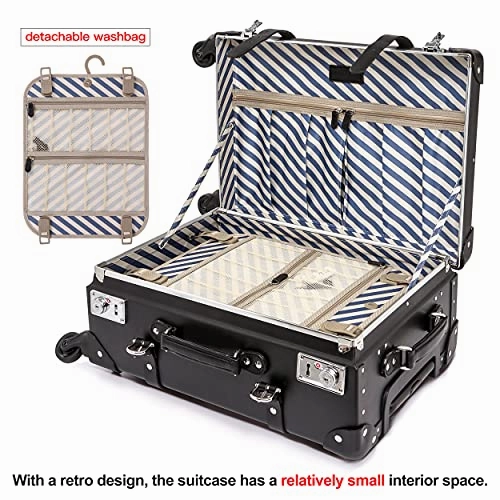 NZBZ Luxury Vintage Trunk Luggage with Wheels Tsa lock Genuine Leather Retro Cute Suitcase (Black, 24")