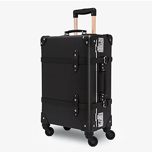 NZBZ Luxury Vintage Trunk Luggage with Wheels Tsa lock Genuine Leather Retro Cute Suitcase (Black, 24")