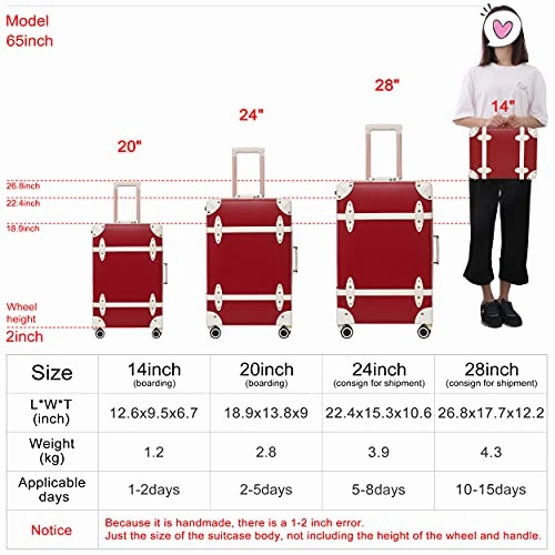 NZBZ Vintage Luggage Set of 2 Pieces with TSA Lock Cute Retro Trunk luggage (Cherry Red, 14inch & 20inch)
