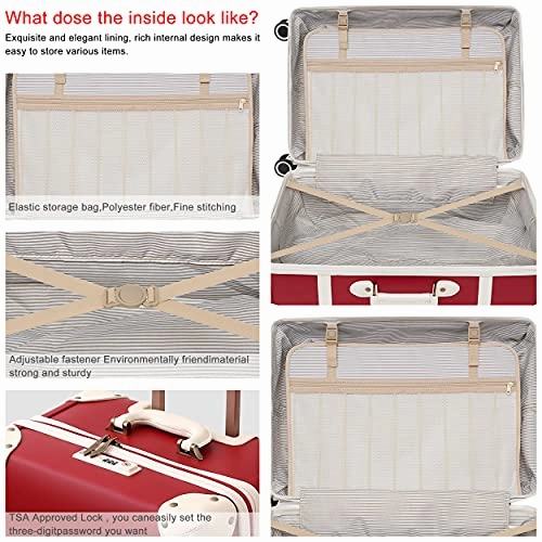 NZBZ Vintage Luggage Set of 2 Pieces with TSA Lock Cute Retro Trunk luggage (Cherry Red, 14inch & 20inch)