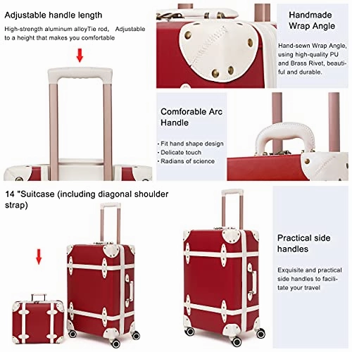 NZBZ Vintage Luggage Set of 2 Pieces with TSA Lock Cute Retro Trunk luggage (Cherry Red, 14inch & 20inch)