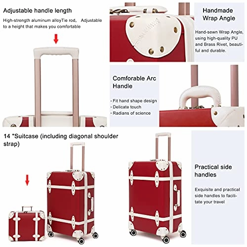 NZBZ Vintage Luggage Sets of 4 Pieces, Carry On Cute Suitcase with Rolling Spinner Wheels TSA Lock Luggage 14" 20" 24" 28" (Cherry Red)