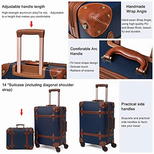 NZBZ Vintage Luggage Sets with Spinner Wheels Carry On Suitcase Tsa Lock Luggage 3 Pieces (Navy Blue, 14inch & 20inch & 28inch)