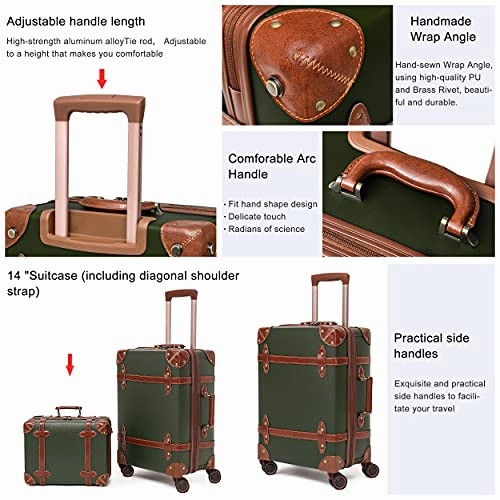 NZBZ Vintage Luggage Sets with Spinner Wheels Cute Carry On Suitcase Tsa Lock Luggage 3 Pieces (Green, 14inch & 20inch & 28inch)