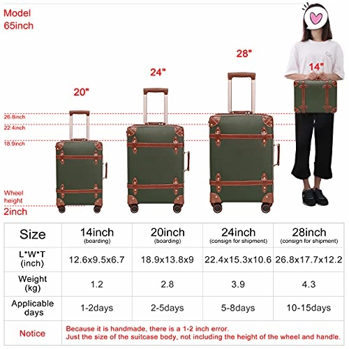 NZBZ Vintage Luggage Sets with Spinner Wheels Cute Carry On Suitcase Tsa Lock Luggage 3 Pieces (Green, 14inch & 20inch & 28inch)