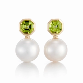 Octagonal Peridot & Pearl Drop Earrings