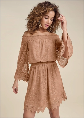 Off-The-Shoulder Lace Dress   - Camel