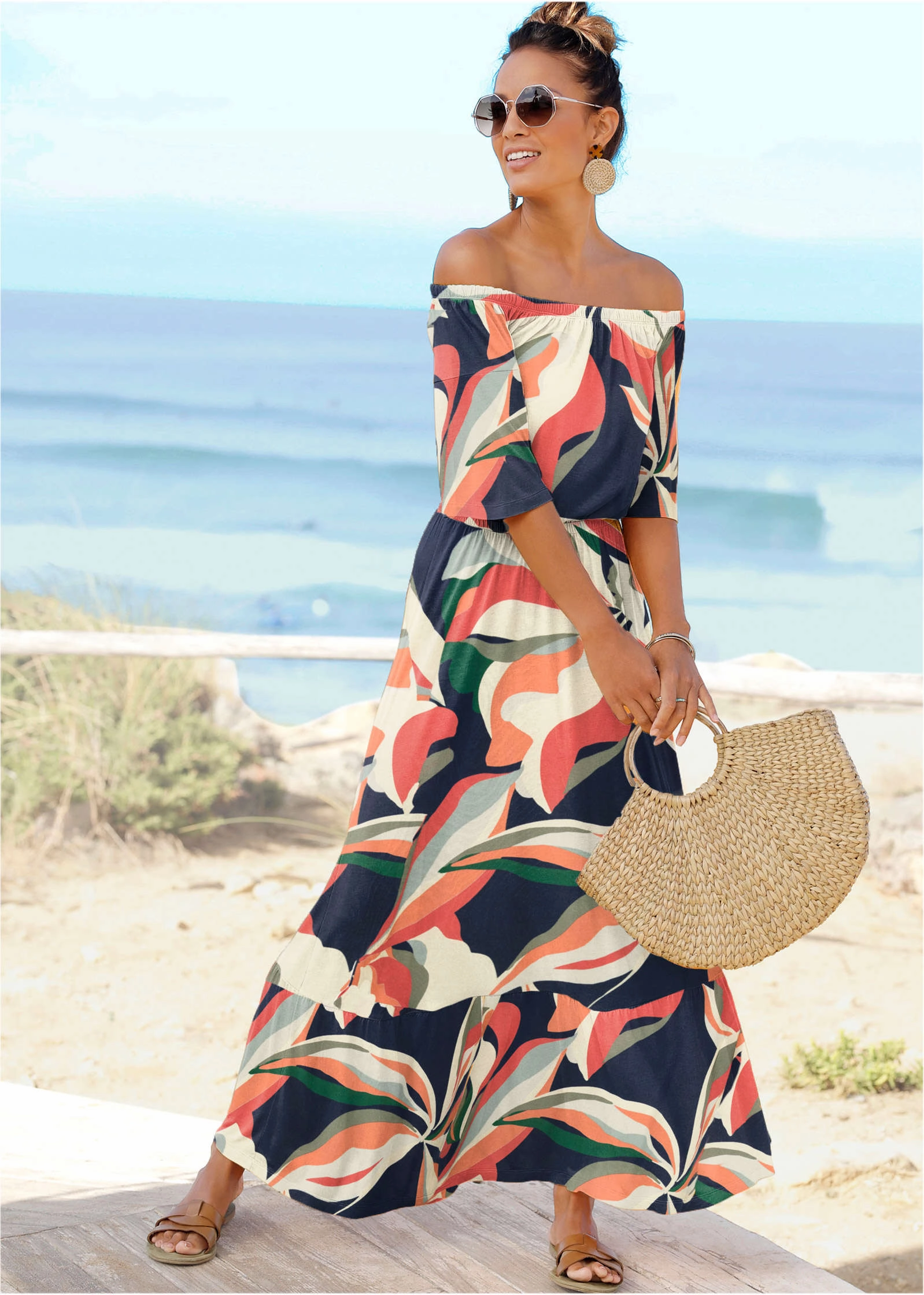 Off-The-Shoulder Maxi Dress - Navy Multi