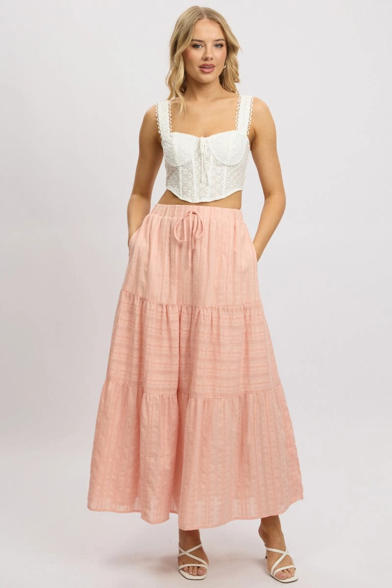 Orange Tiered Maxi Skirt High Rise Elastic Waist Lined