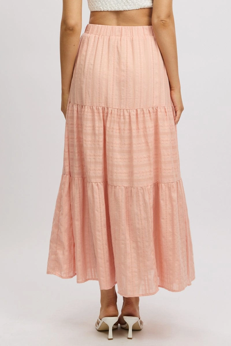 Orange Tiered Maxi Skirt High Rise Elastic Waist Lined