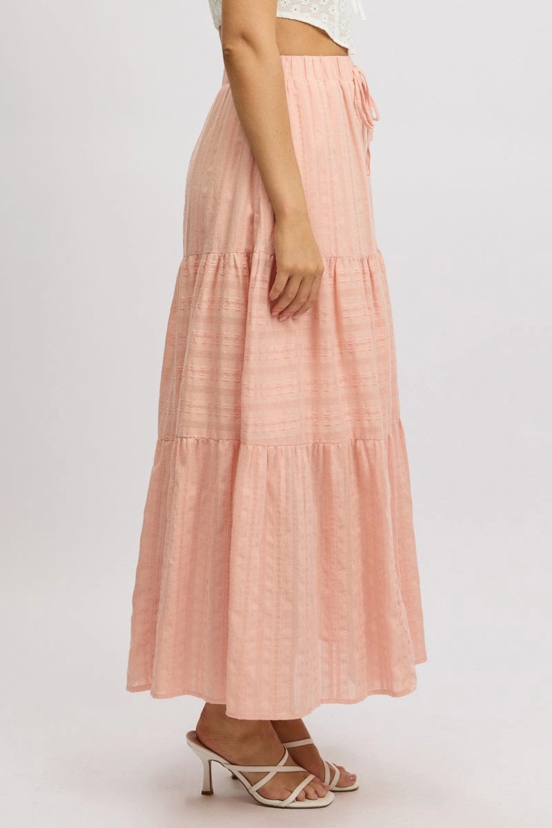 Orange Tiered Maxi Skirt High Rise Elastic Waist Lined