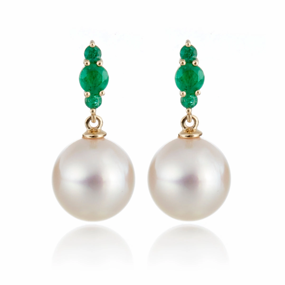 Orion Earrings in White Akoya Pearls & Emeralds