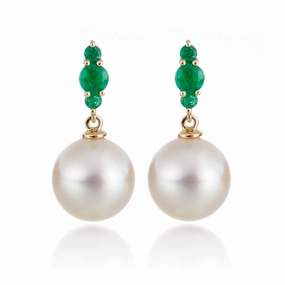 Orion Earrings in White Akoya Pearls & Emeralds