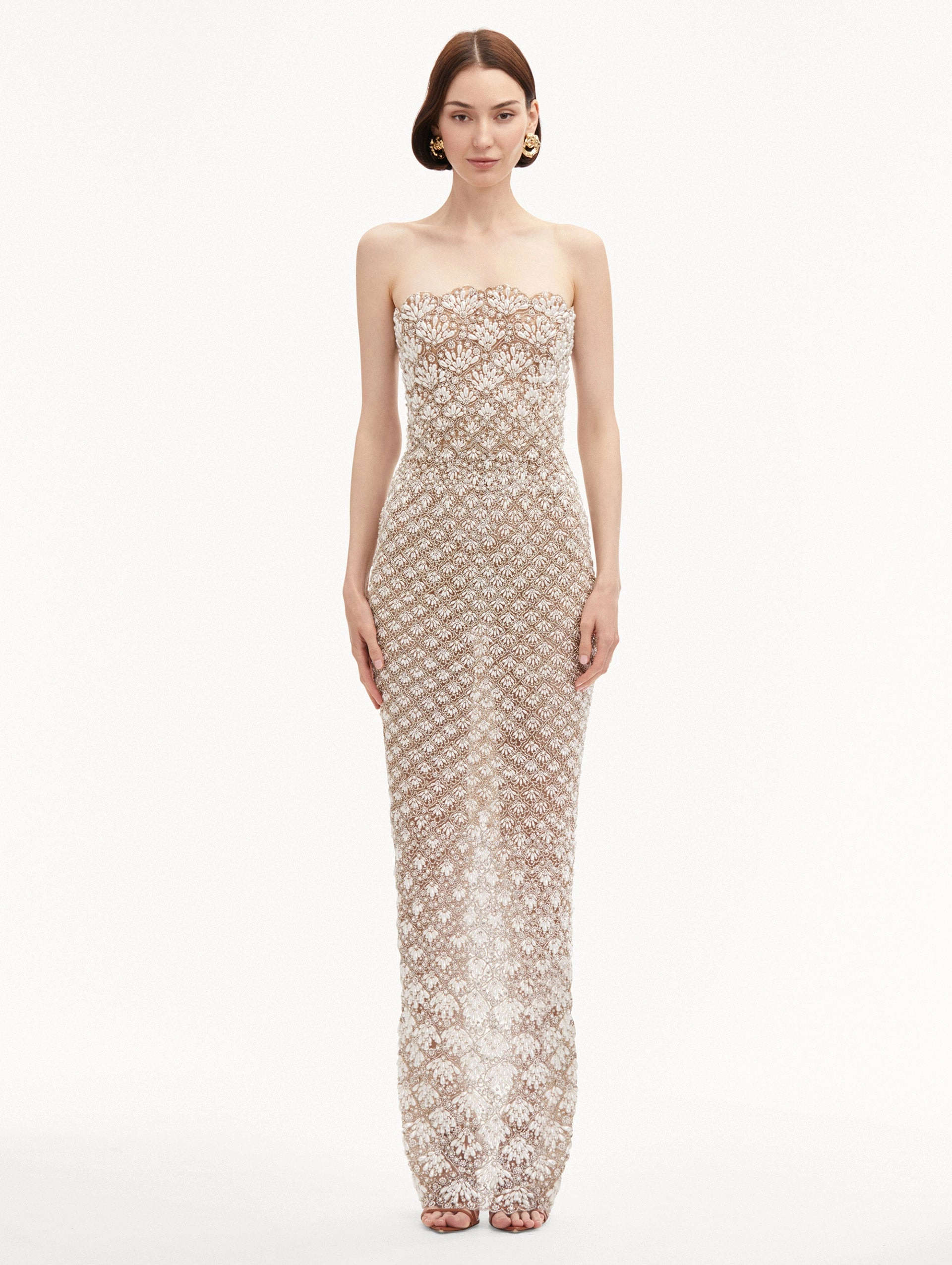 Pearl Embroidered Scallop Gown
