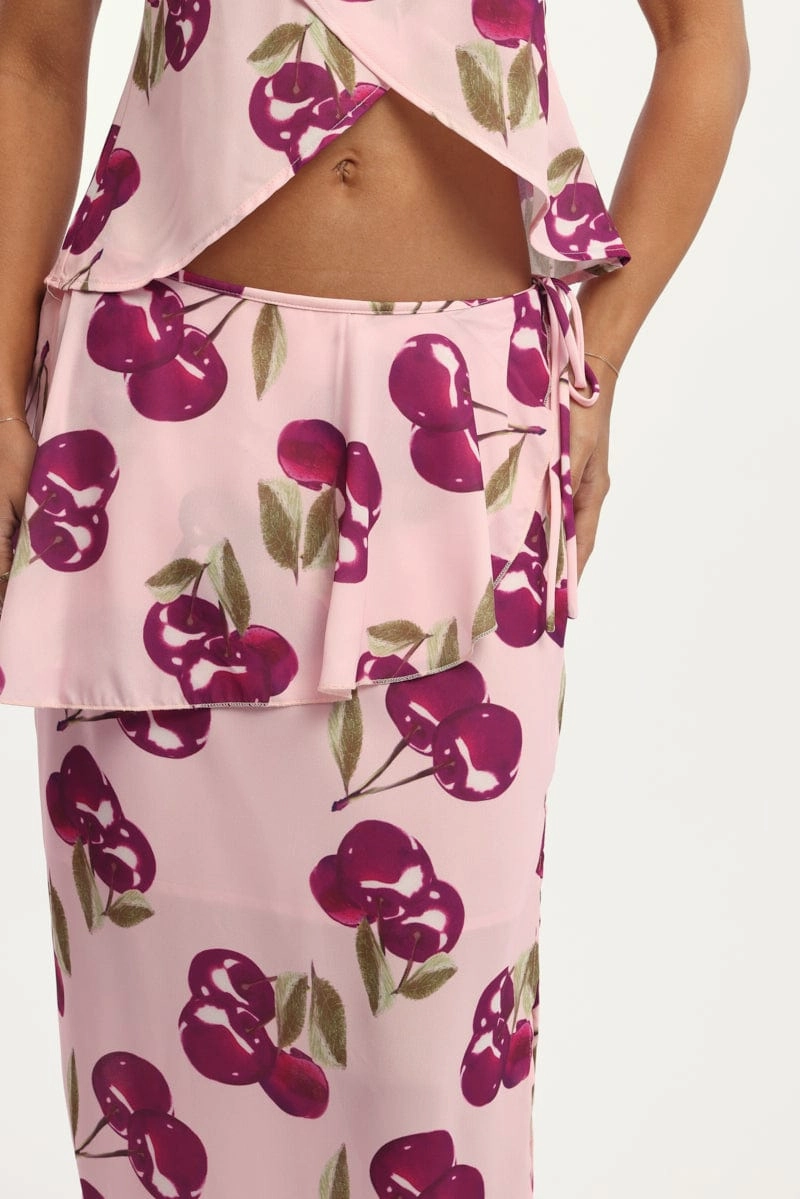 Pink Abstract Chiffon Maxi Skirt Lined