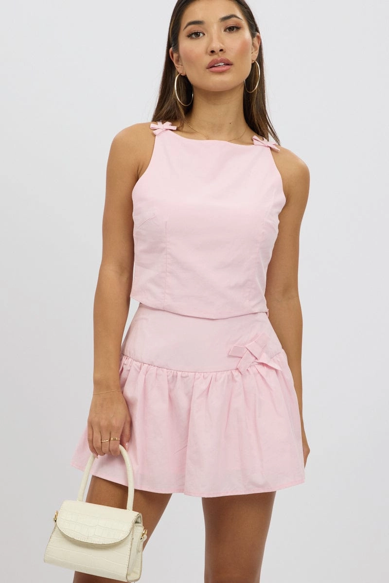 Pink Mini Skort High Rise Lined Bow Detail