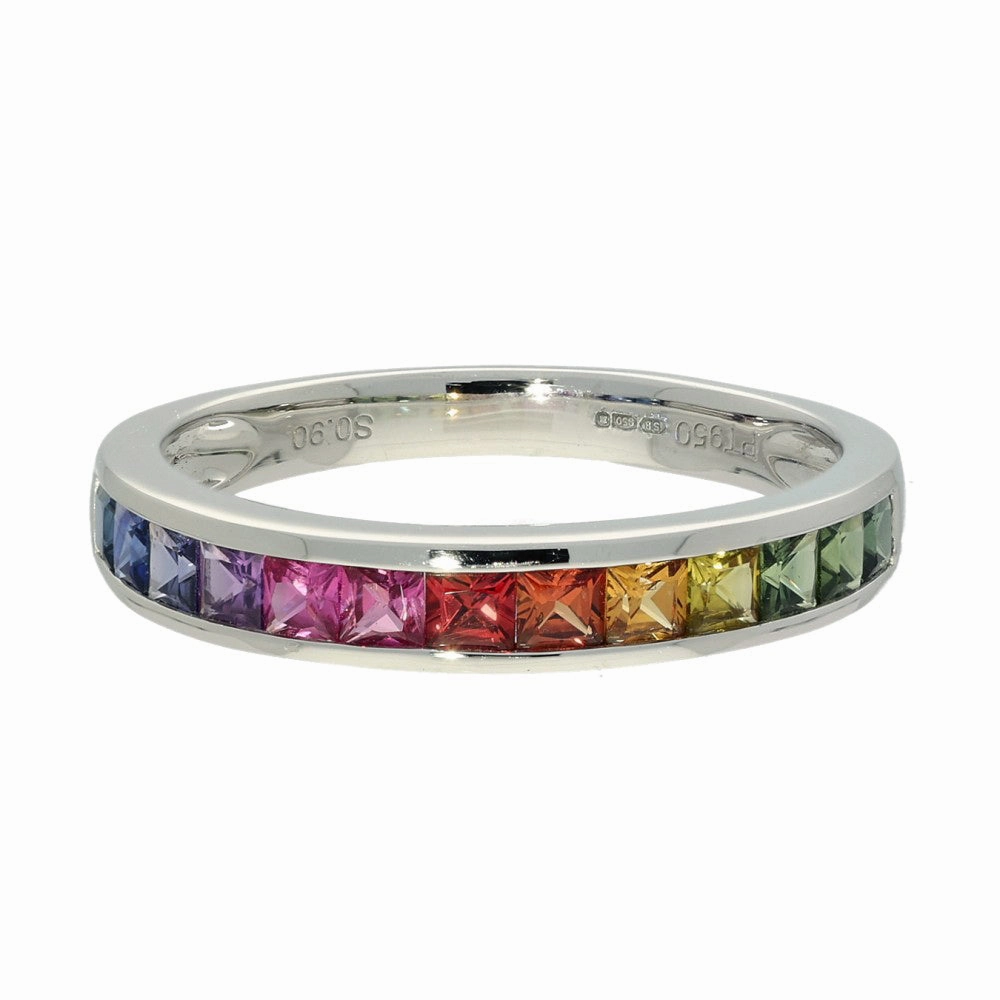 Platinum Princess Cut Rainbow Sapphire Channel Set Half Eternity Ring