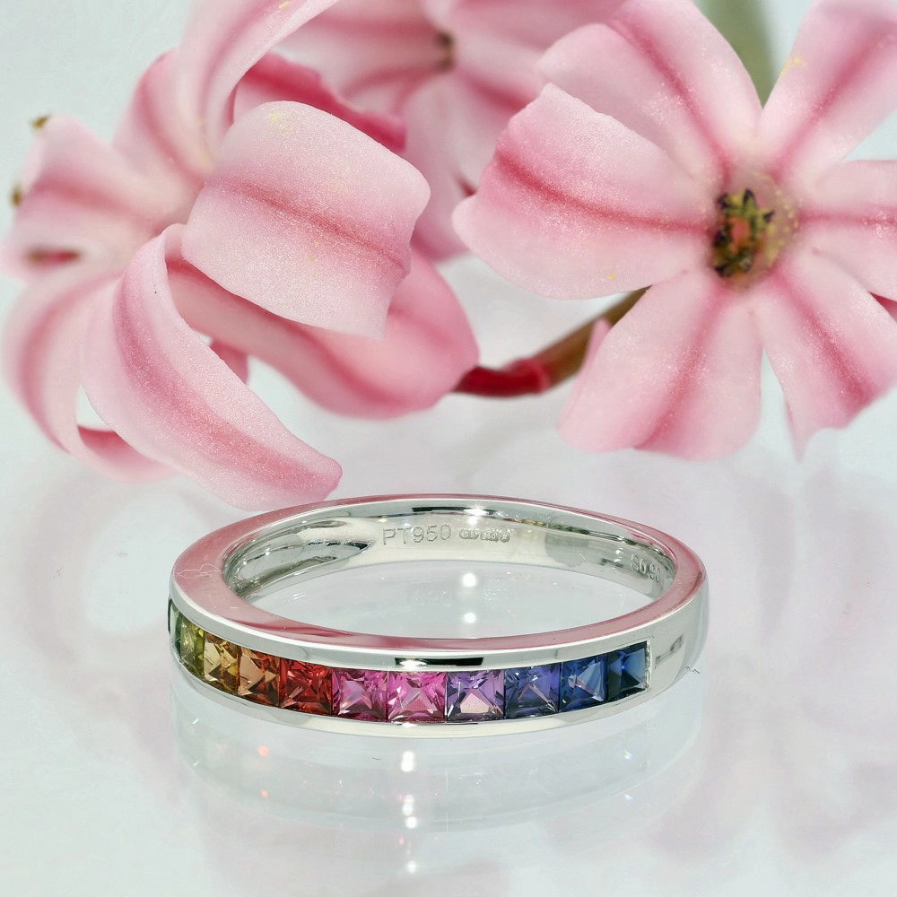 Platinum Princess Cut Rainbow Sapphire Channel Set Half Eternity Ring