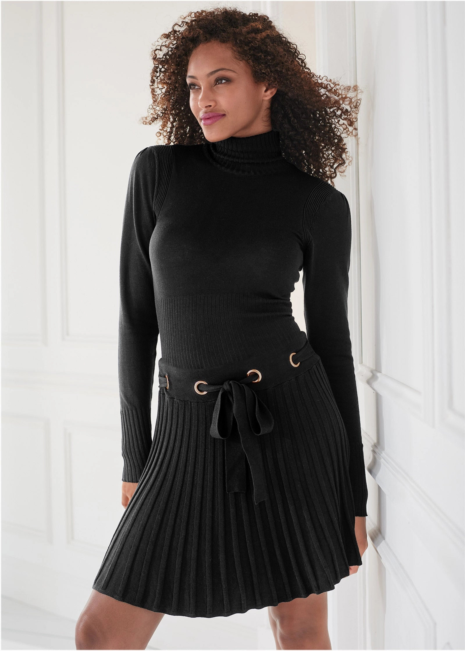 Pleated Sweater Dress - Black