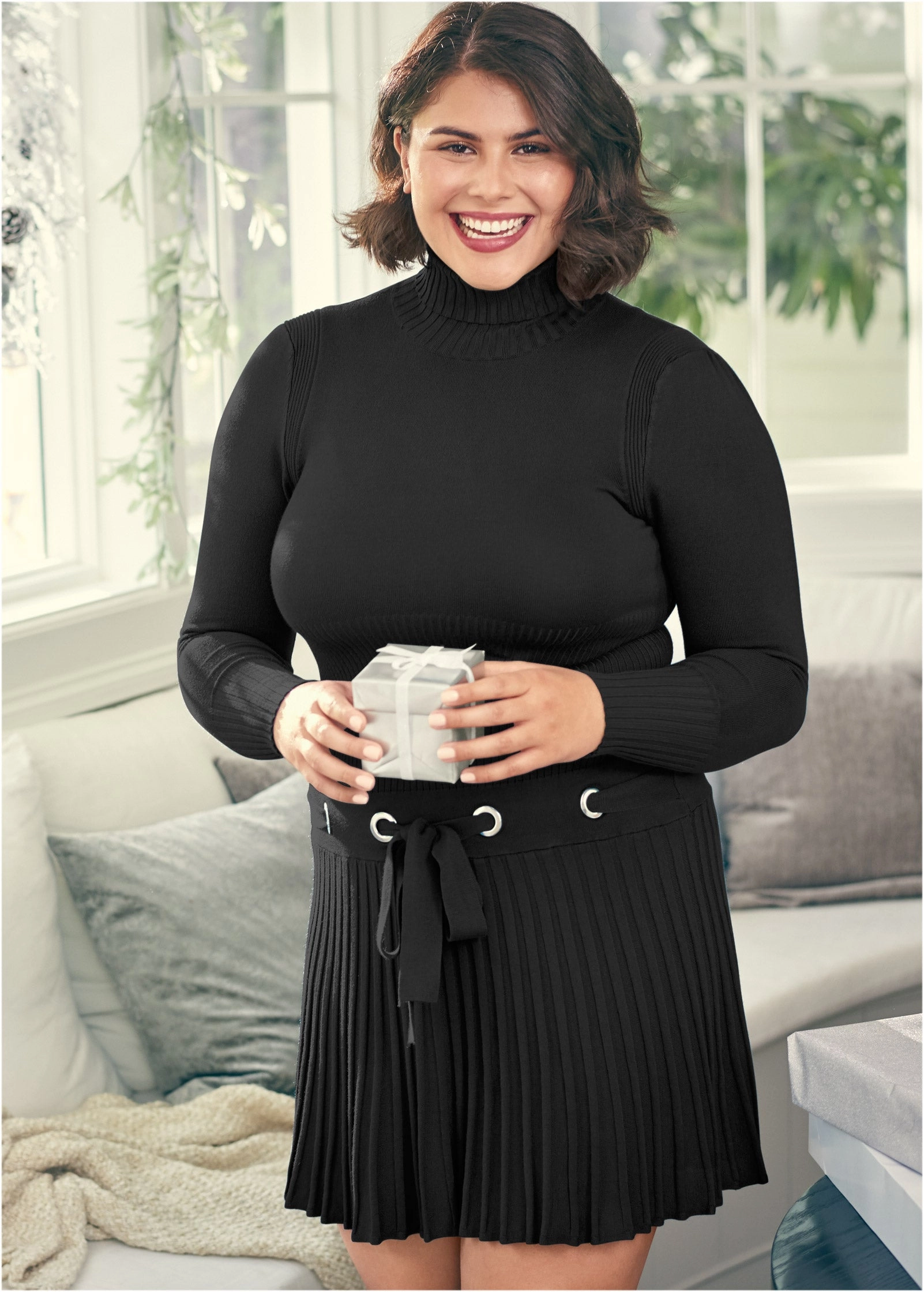 Pleated Sweater Dress - Black